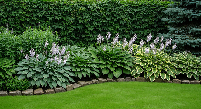 A lush backyard garden featuring green hosta plants with tall purple flowers blooming along a stone border landscaping backyard greenery blooming perennial botanical shrubbery gardenbed