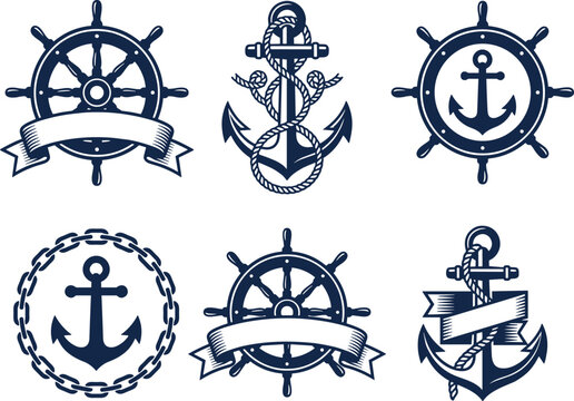 Nautical Anchor and Ship Wheel Logo Collection Maritime Vector Illustration