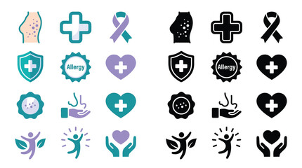 Fototapeta premium Set of medical and health icons in color and black and white, representing various health concepts and symbols.
