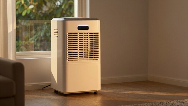 Modern portable air conditioner emitting warm glow in a cozy living room at sunset.