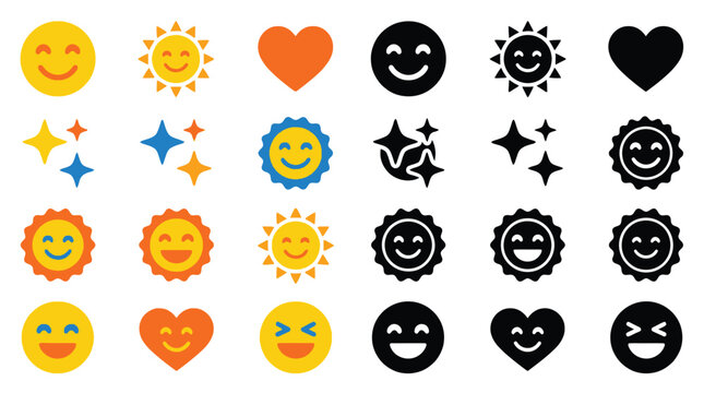 Collection of cheerful smiley faces, hearts, and sun icons in various colors and styles.