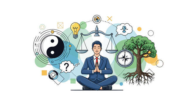 Businessman Meditating with Symbols of Balance, Nature, and Ideas
