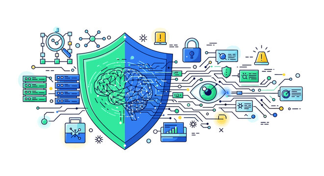 Cybersecurity AI Brain Protection Shield with Data Network and Eye Icon