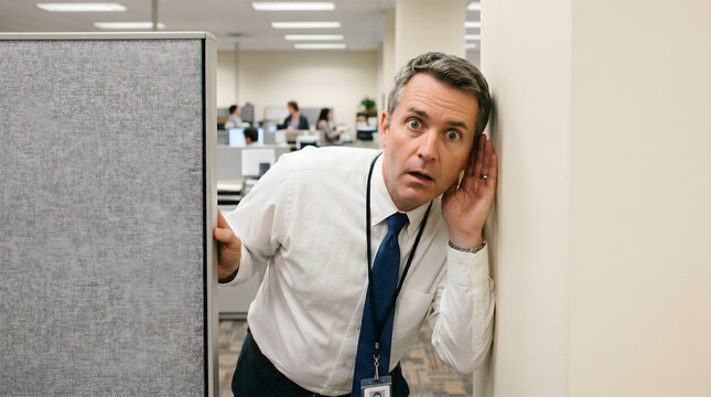 Surprised businessman eavesdropping and listening to office gossip while peeking around a cubicle wall in a professional corporate workplace environment.