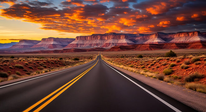 Asphalt road through desert landscape at dramatic sunset with red rocks road trip landscape adventure mountains transport wilderness vacation