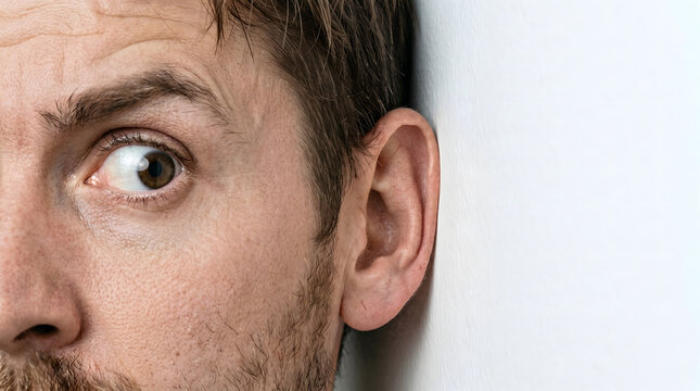 Close up of a man pressing his ear against a white wall to eavesdrop and overhear a conversation in the next room.