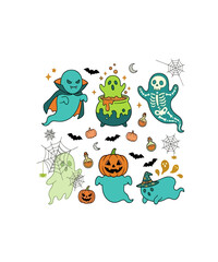 Naklejka premium Halloween ghost character collection, spooky cartoon spirits and pumpkins, cute teal and orange holiday icons, whimsical supernatural sticker set