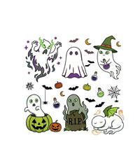 Fototapeta premium Cute Halloween ghost sticker set, spooky cartoon spirits with pumpkins and bats, hand drawn holiday illustrations on white background