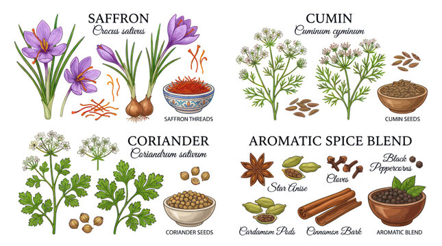 Botanical collection of saffron cumin coriander and aromatic spices