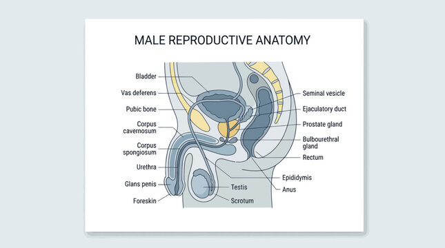 Male reproductive system anatomy diagram with detailed part labels