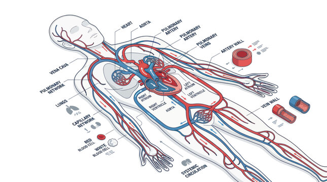 Human circulatory system with labeled heart arteries and veins
