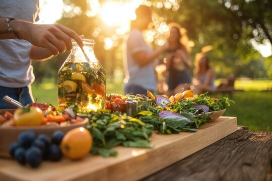 Picnic preparation in sunny park with fresh salad, fruit, and friends chatting in warm evening light