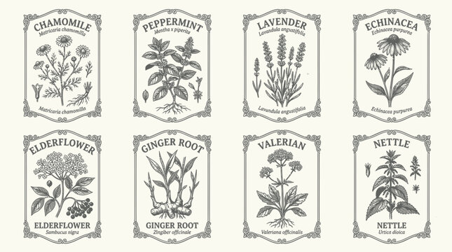 Vintage botanical herb labels with hand drawn medicinal plants