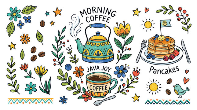 Colorful morning breakfast icons with coffee pancakes and flowers