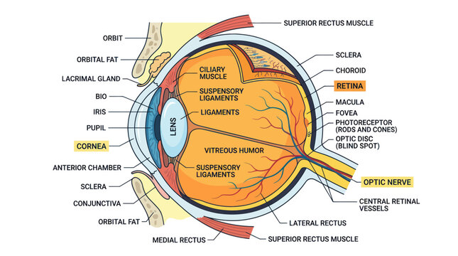 Human eye anatomy cross section with detailed part labels