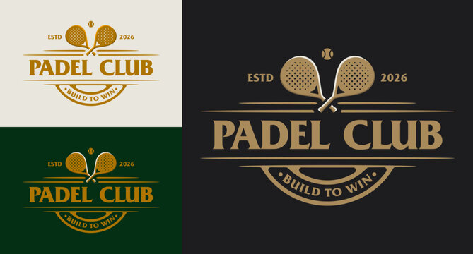 Illustration vector set of vintage retro classic padel club logo design feauturing  crossed padel rackets, ball with badge emblem suitable for premium elegant luxury padel branding design
