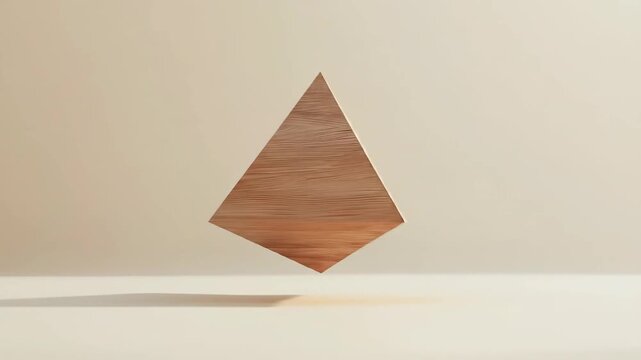 Floating wooden pyramid geometric shape isolated on neutral background