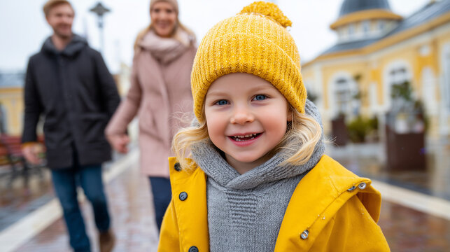 A young girl in a yellow coat and hat smiles on National missing Children&rsquo;s Day with parents