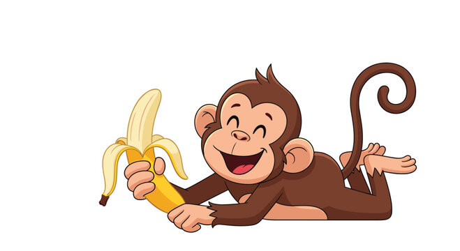 Happy cartoon monkey lying on its stomach and holding a partially peeled yellow banana with a wide smiling face.