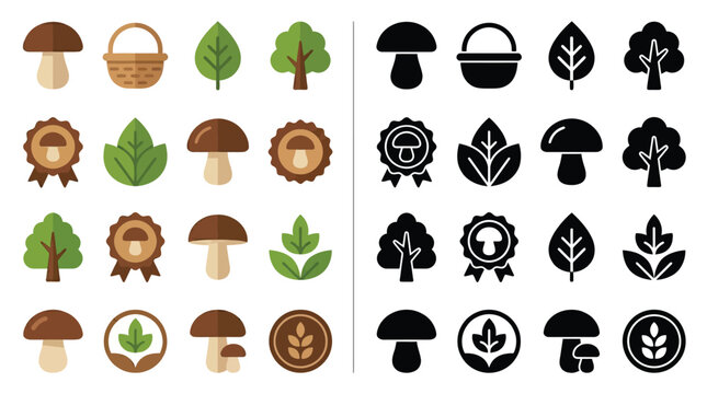 Collection of flat design icons representing mushrooms, baskets, leaves, trees, and badges, presented in both color and silhouette versions.