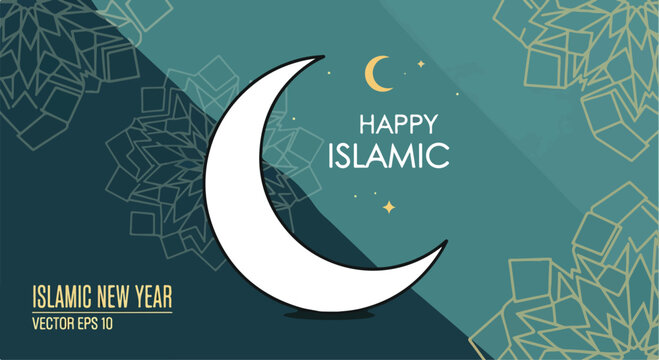 A white crescent moon on a teal background with Islamic New Year text