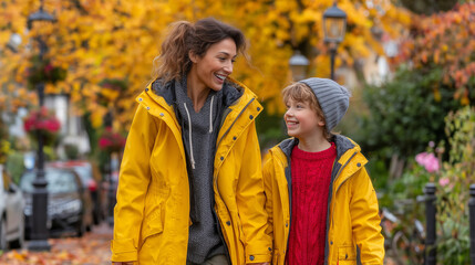 Fototapeta premium A woman and a child in yellow jackets celebrate National missing Children’s Day outdoors.