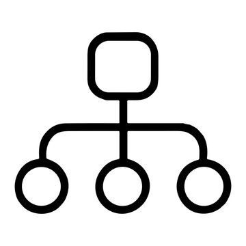 Minimalist black organizational chart icon depicting a single top node connected by lines to three subordinate circular nodes, symbolizing hierarchy, structure and branching.
