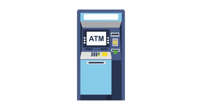 A blue and light blue automatic teller machine with a screen displaying "ATM