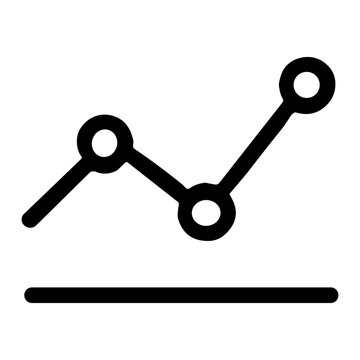Minimal black line chart icon with three connected circular data points above a horizontal baseline, showing trends, growth, and performance metrics for analytics and reporting.