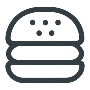 Minimal hamburger icon of a stylized three-layer burger with sesame seeds on top bun in bold outline, flat monochrome vector suitable for food menus, restaurants and cafes