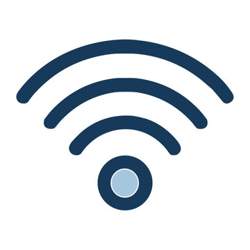 Stylized wireless network icon featuring three concentric curved signal arcs emanating from a central dot in blue tones, representing Wi-Fi connectivity and wireless communication.