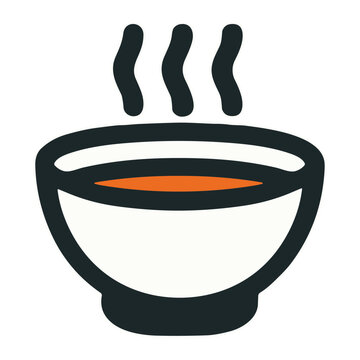 Icon illustration of a steaming bowl of hot soup with visible warm broth in a minimalist flat design, bold outlines and steam rising to convey comfort, warmth and nourishment