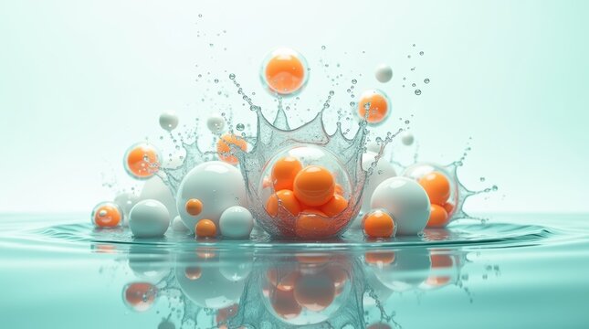 Abstract orange and teal geometric cubes splashing in a liquid surface ripple effect