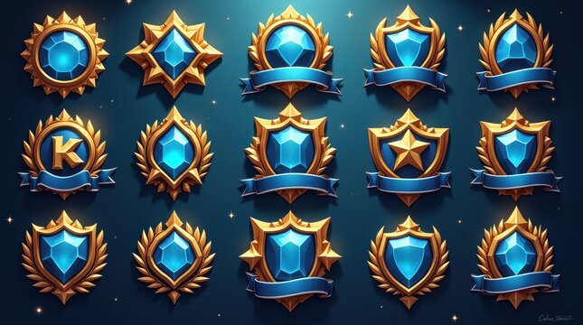 Set of gold and blue fantasy game badges with gems and ribbons for UI design