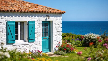 Fototapeta premium Charming coastal house with white stone walls, vibrant turquoise door and shutters, terracotta roof, and a lush garden overlooking a deep blue ocean under a clear sky on a sunny day