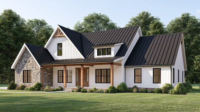Inviting modern farmhouse exterior with a mix of white siding and stone accents under a dark metal roof, set against a backdrop of lush green trees on a clear day, showcasing contemporary rustic archi