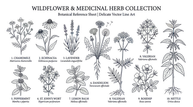 Botanical reference sheet featuring medicinal herbs and wildflowers