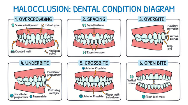Common dental malocclusion types and teeth misalignment infographic