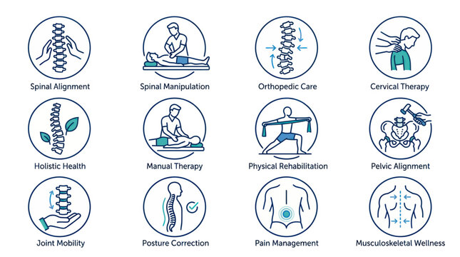 Chiropractic care and physical therapy orthopedic icons for wellness