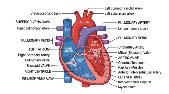 Human heart anatomy diagram with chambers and valves