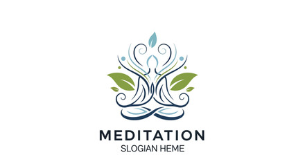 Obraz premium Meditation Logo with Lotus Pose, Leaves, and Swirls - Wellness and Yoga Concept