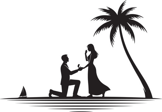 Silhouette of man proposing to woman on beach, palm proposal