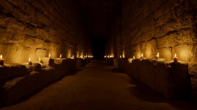 Candlelit stone corridor with deep vanishing point