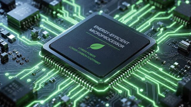 Energy efficient microprocessor low carbon technology green circuit board with glowing traces and leaf emblem conveying sustainable computing