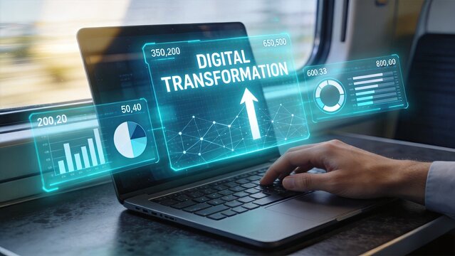 Digital transformation concept with futuristic data charts and graphs on laptop screen in train, business growth analytics dashboard, cloud computing technology for enterprise