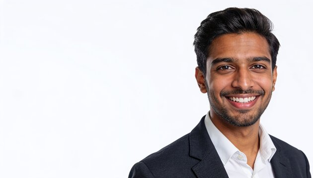 Positive Male Professional Portrait: A candid and approachable young man with a bright, welcoming smile, exuding confidence and reliability against a clean white backdrop, perfect for business and per