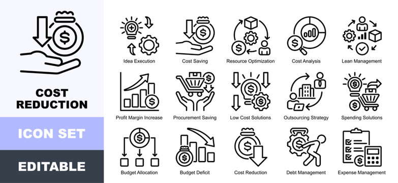 Cost Reduction Icon Pack Featuring Idea Execution, Cost Saving, Resource Optimization, Cost Analysis, Lean Management, Profit Margin Increase, Procurement Saving