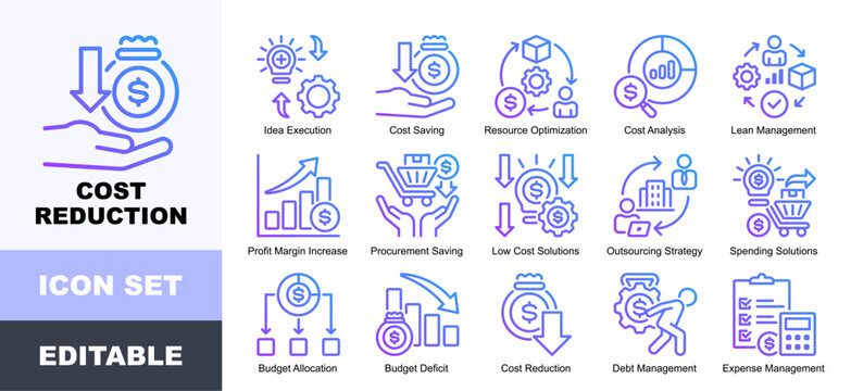 Cost Reduction Icon Pack Featuring Idea Execution, Cost Saving, Resource Optimization, Cost Analysis, Lean Management, Profit Margin Increase, Procurement Saving