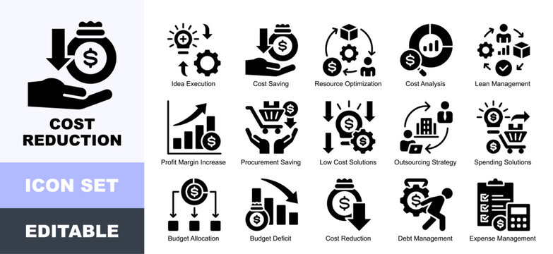 Cost Reduction Icon Pack Featuring Idea Execution, Cost Saving, Resource Optimization, Cost Analysis, Lean Management, Profit Margin Increase, Procurement Saving