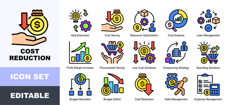 Cost Reduction Icon Pack Featuring Idea Execution, Cost Saving, Resource Optimization, Cost Analysis, Lean Management, Profit Margin Increase, Procurement Saving